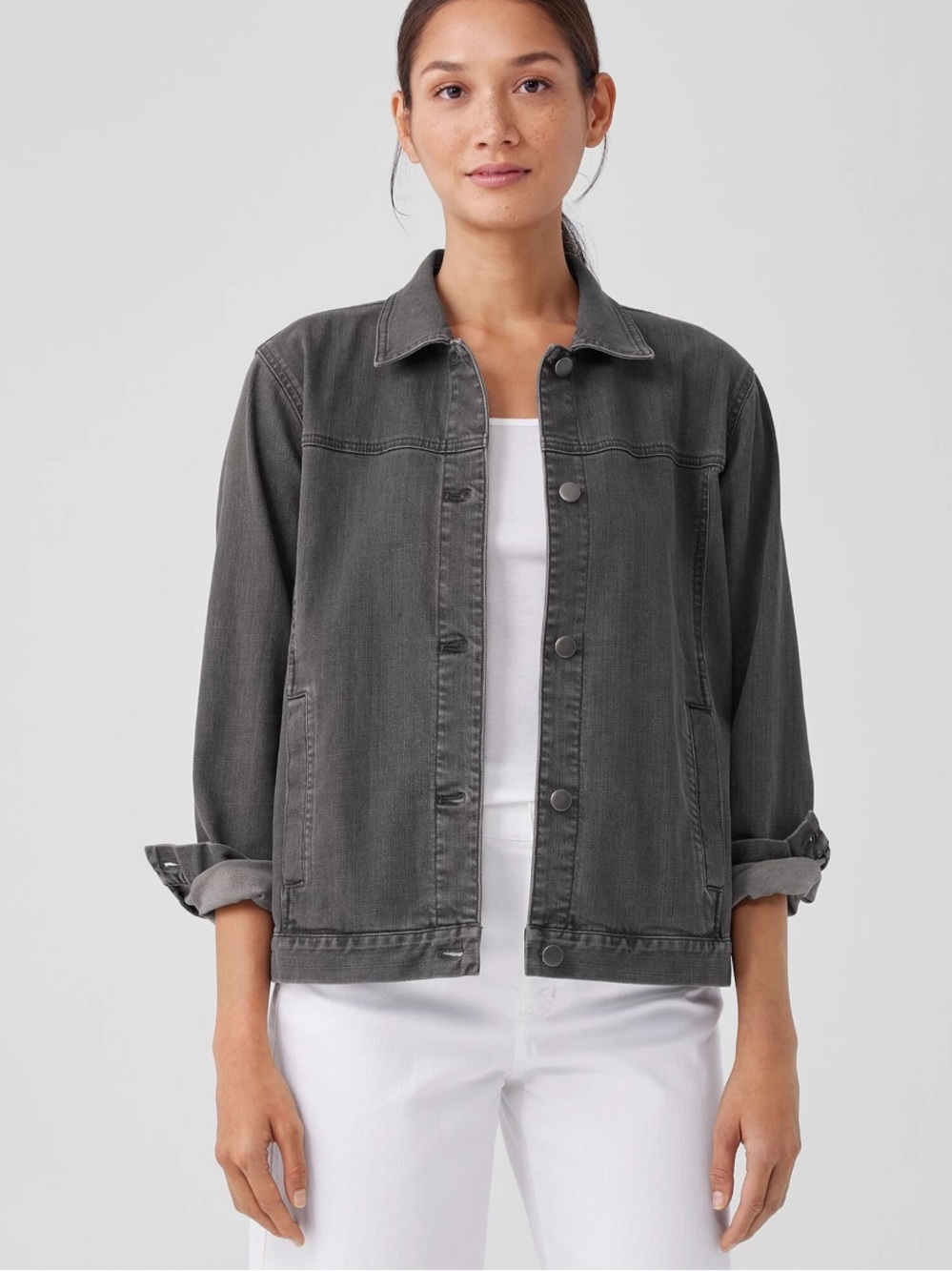 Eileen Fisher Organic Cotton Stretch Classic Collar Jean Jacket Carbon Size XL
